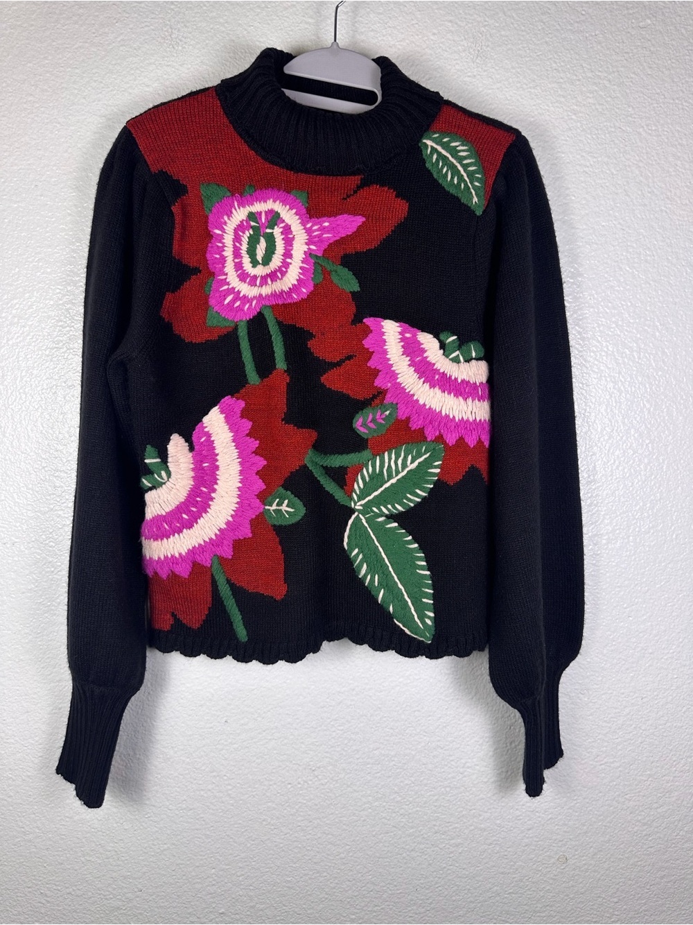 Farm Rio Women's Black Floral Knit Mock Neck Pullover Sweater Size S